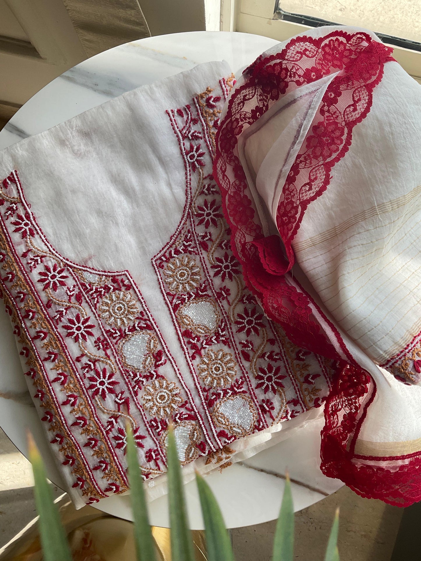 Mulmul Chikankari Kurta Set with Pearl & Cutdana Work (Set of 3) (Unstitched)