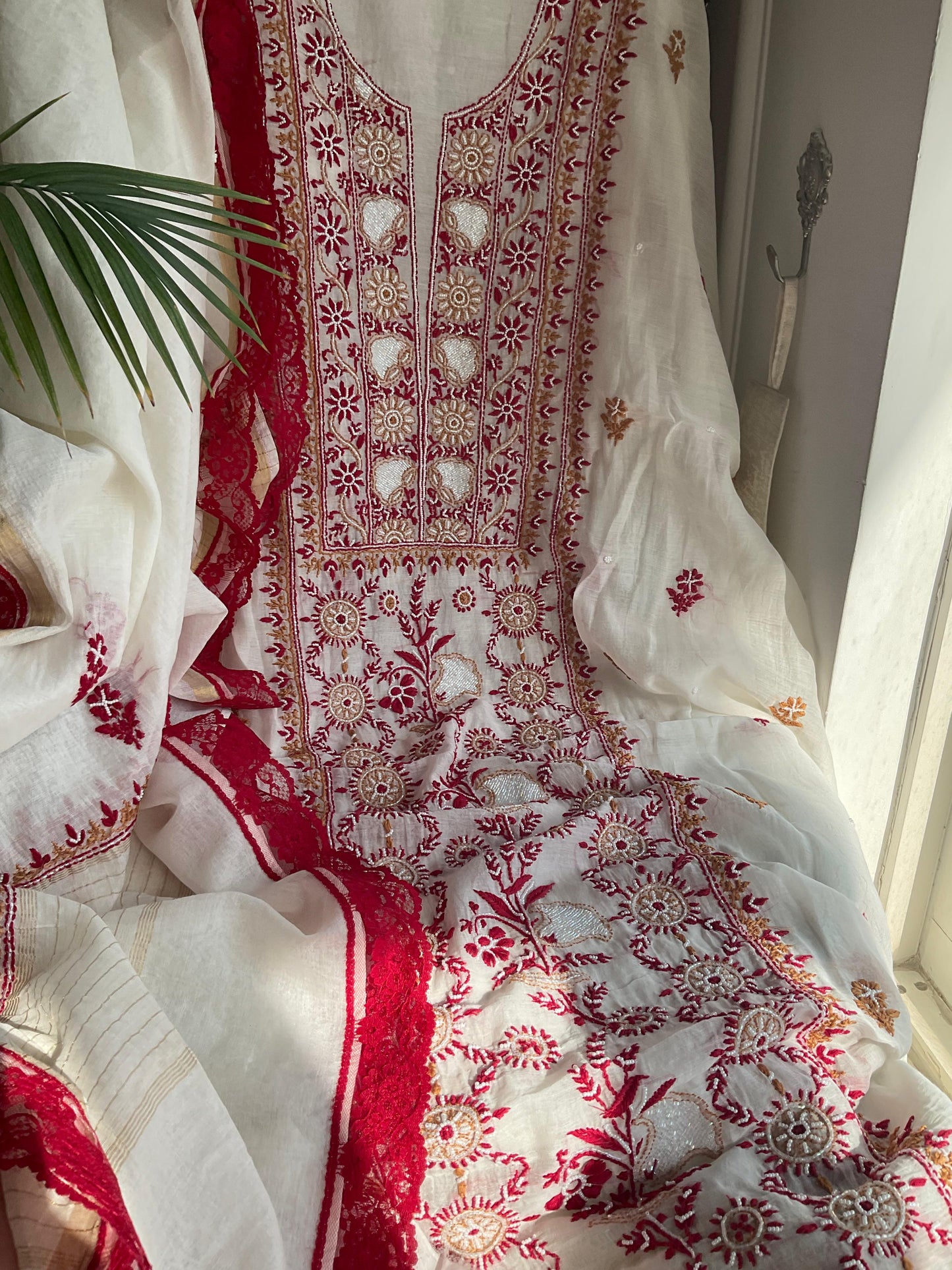 Mulmul Chikankari Kurta Set with Pearl & Cutdana Work (Set of 3) (Unstitched)