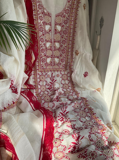 Mulmul Chikankari Kurta Set with Pearl & Cutdana Work (Set of 3) (Unstitched)