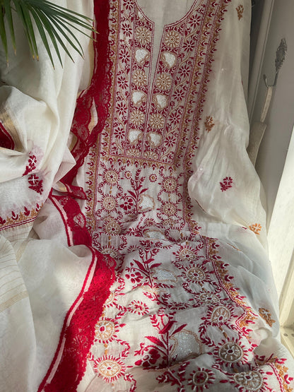 Mulmul Chikankari Kurta Set with Pearl & Cutdana Work (Set of 3) (Unstitched)