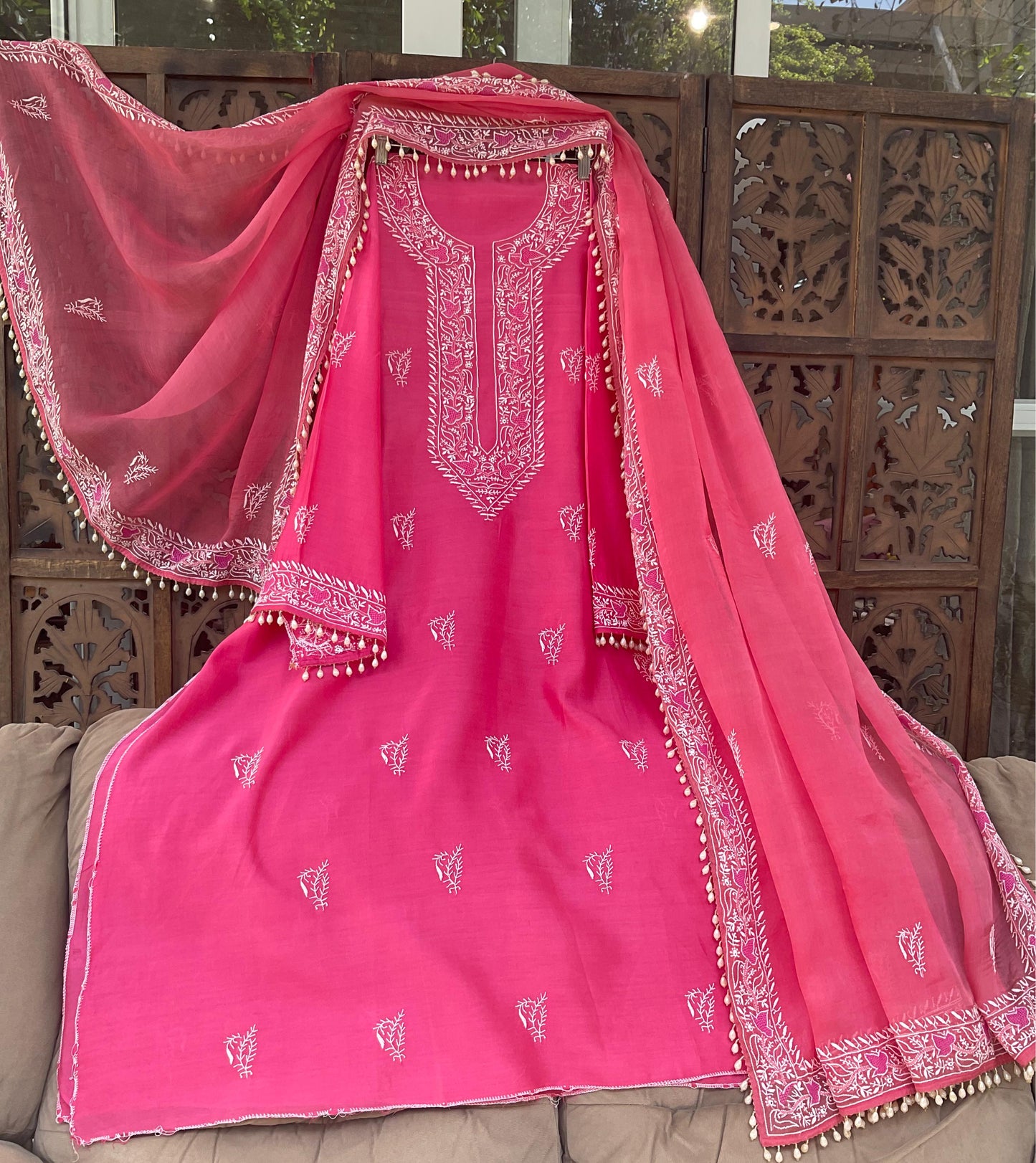 Designer Chanderi Silk Kurta Set with Chikankari & Haath Jaali Work (Set of 3) (Semi Stitched)