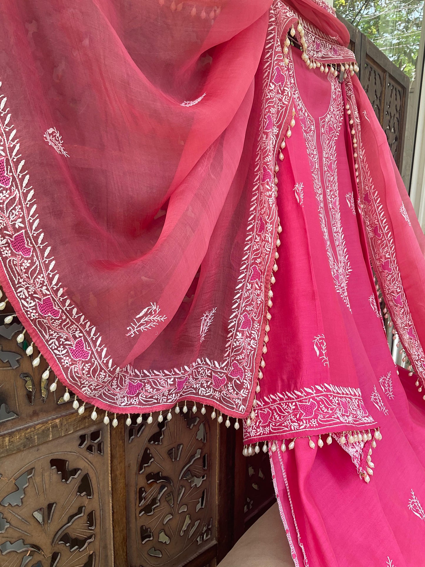 Designer Chanderi Silk Kurta Set with Chikankari & Haath Jaali Work (Set of 3) (Semi Stitched)