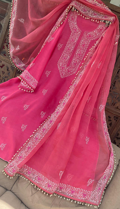 Designer Chanderi Silk Kurta Set with Chikankari & Haath Jaali Work (Set of 3) (Semi Stitched)