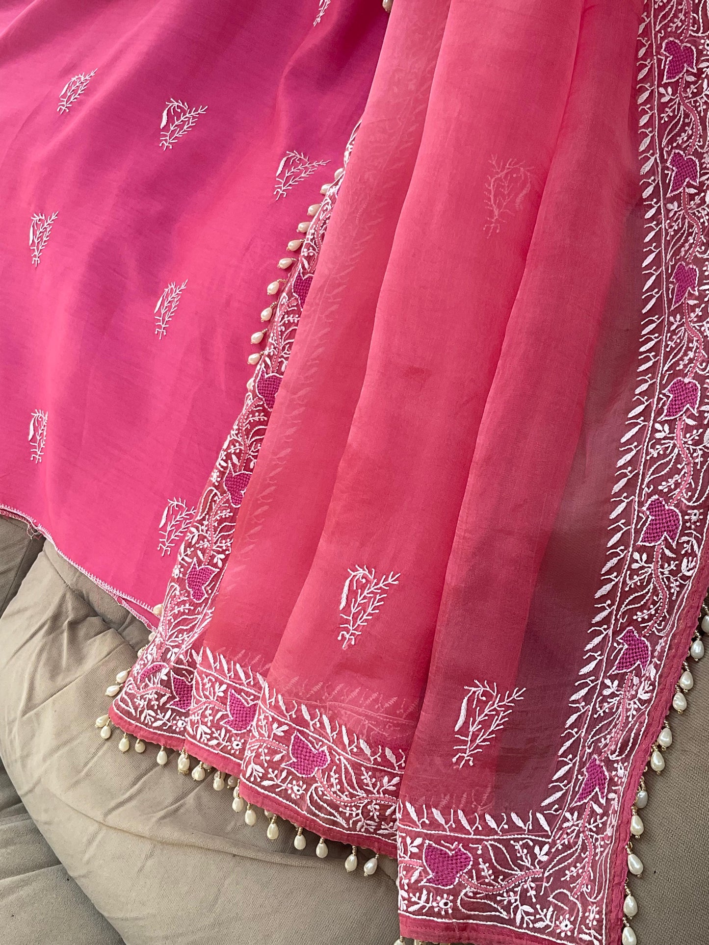 Designer Chanderi Silk Kurta Set with Chikankari & Haath Jaali Work (Set of 3) (Semi Stitched)