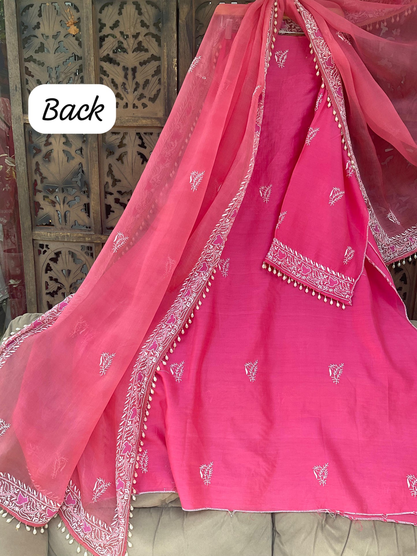 Designer Chanderi Silk Kurta Set with Chikankari & Haath Jaali Work (Set of 3) (Semi Stitched)