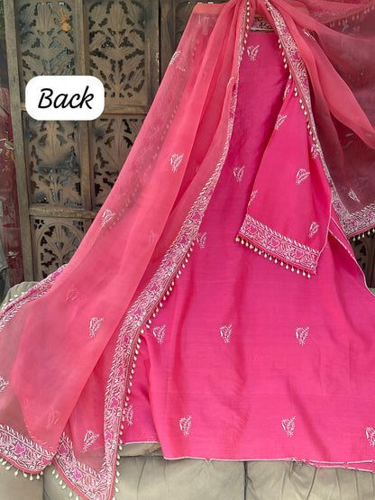 Designer Chanderi Silk Kurta Set with Chikankari & Haath Jaali Work (Set of 3) (Semi Stitched)