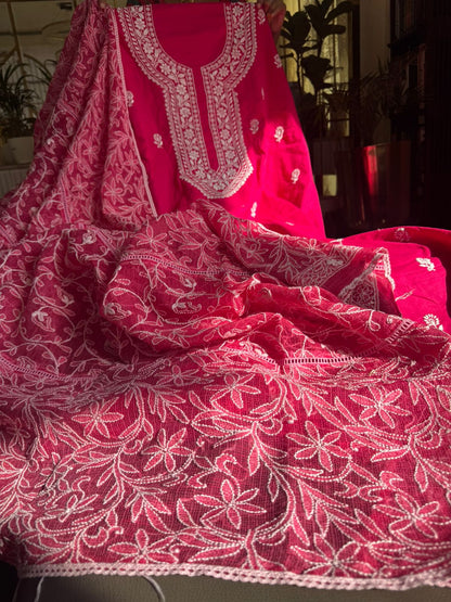 Ensemble Kurta en voile de pur coton avec motifs Chikankari Boota et Jaal et dupatta Kota (ensemble de 2) (non cousu)