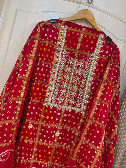 Gajji Silk Gharchola Suit Set with Gotta Patti & Dori Work (Set of 3) (Unstitched)