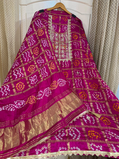 Gajji Silk Gharchola Suit Set with Gotta Patti & Dori Work (Set of 3) (Unstitched)