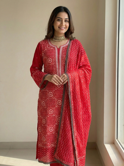Red mulmul straight kurta set