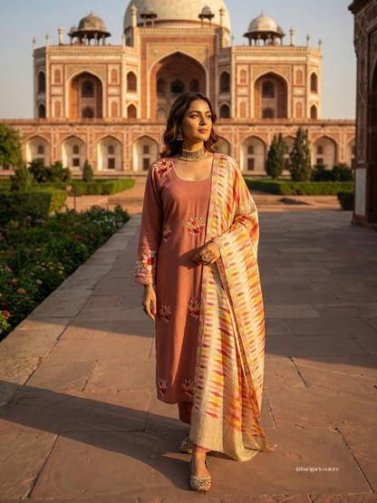 Tan orange Boolan kurta with shawl