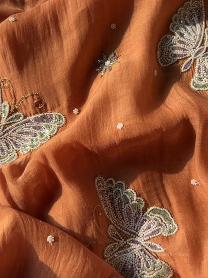 Peach Whisper Kurta Set with Hand-Embroidered Butterfly Motifs