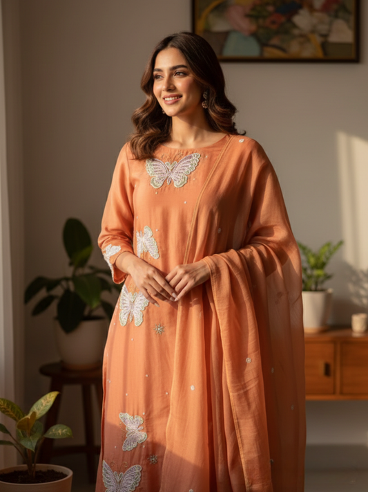 Peach Whisper Kurta Set with Hand-Embroidered Butterfly Motifs