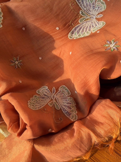 Peach Whisper Kurta Set with Hand-Embroidered Butterfly Motifs