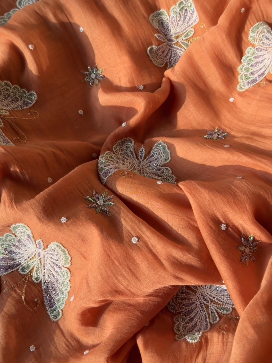 Peach Whisper Kurta Set with Hand-Embroidered Butterfly Motifs
