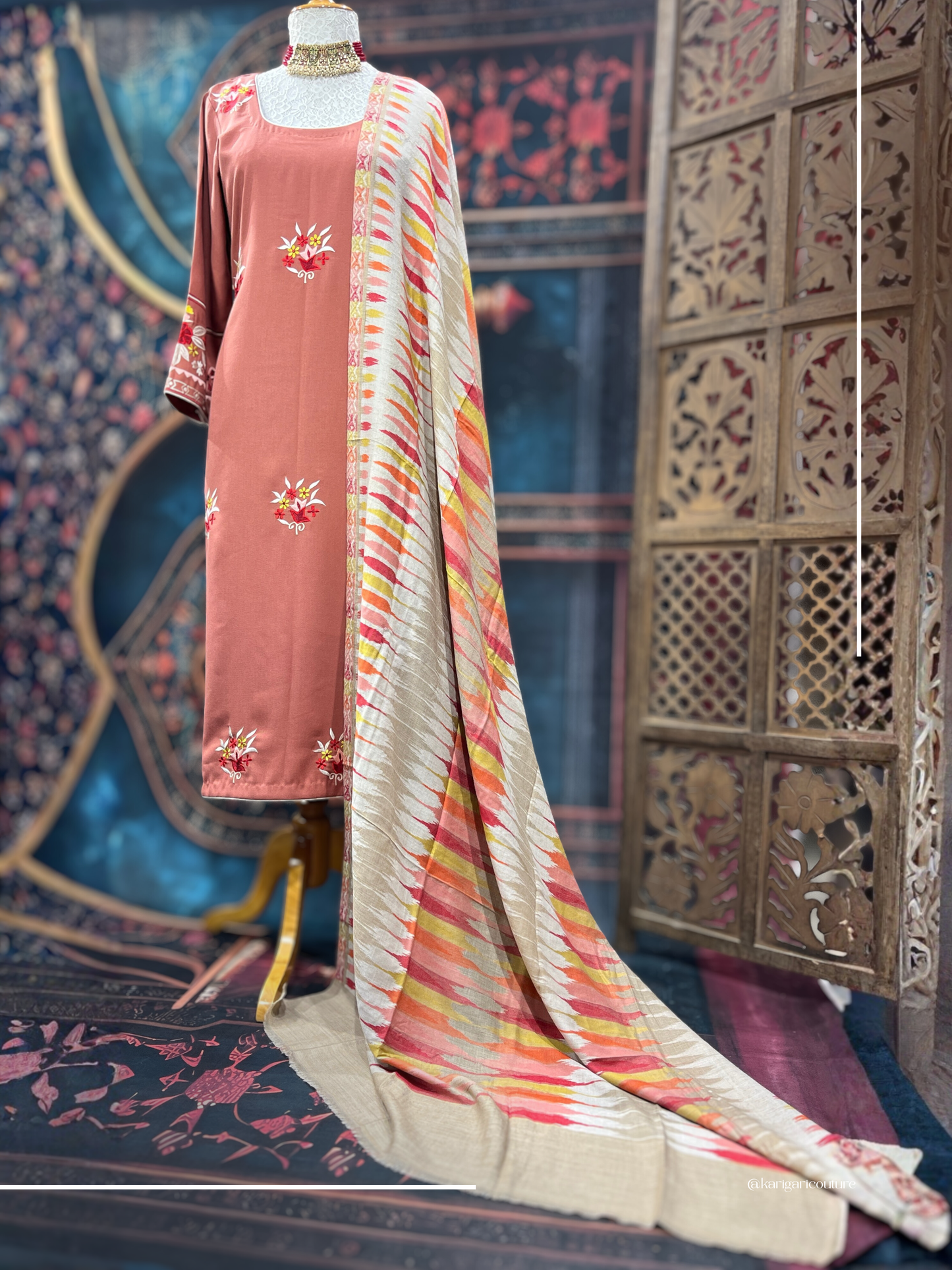 Tan orange Boolan kurta with shawl
