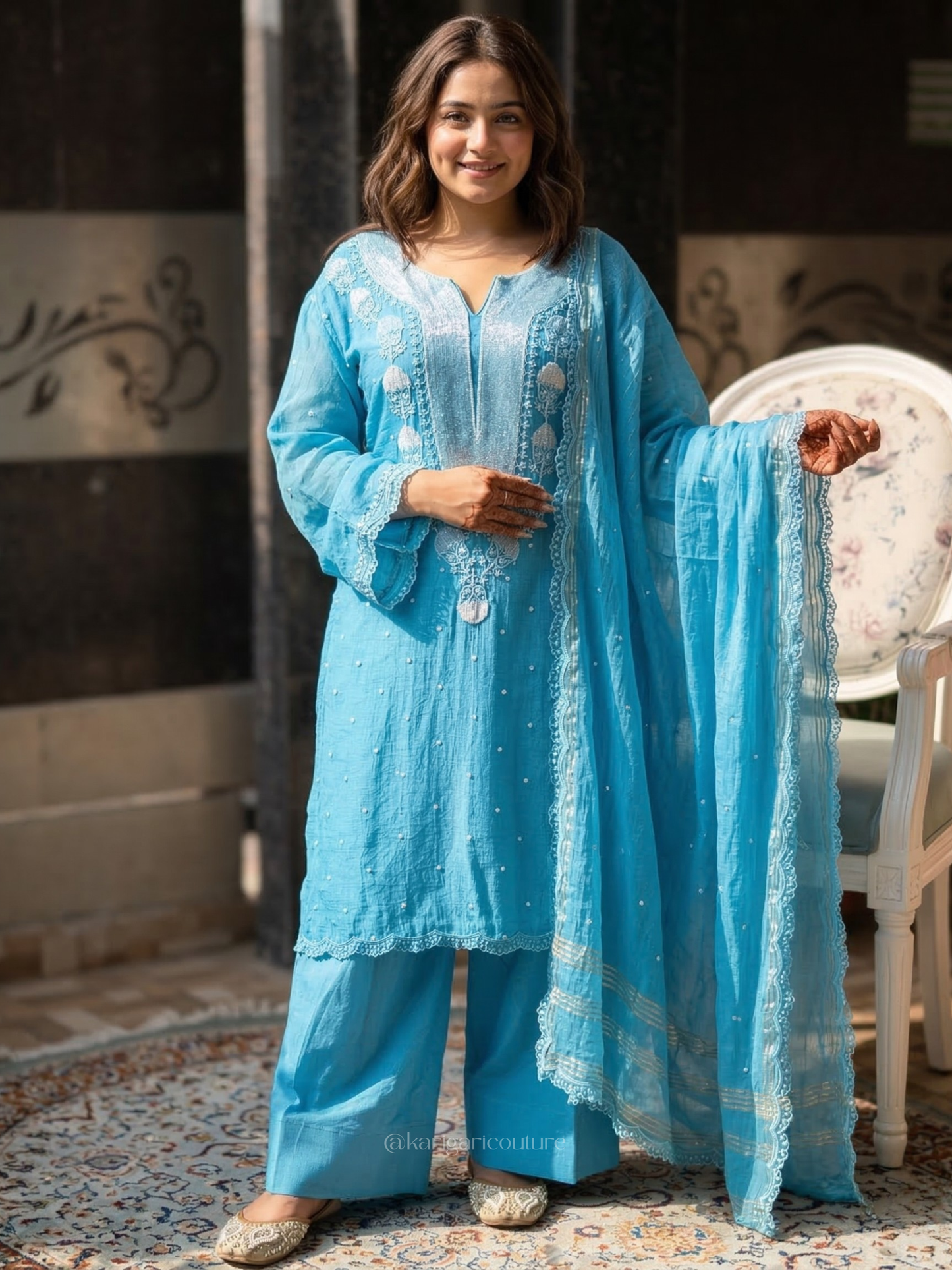 Ensemble de costume non cousu Firozi Blue Torque en mulmul fait main