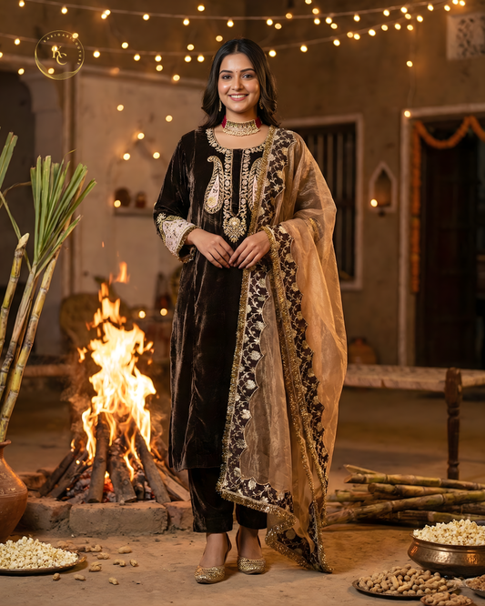 Brown velvet kurta set