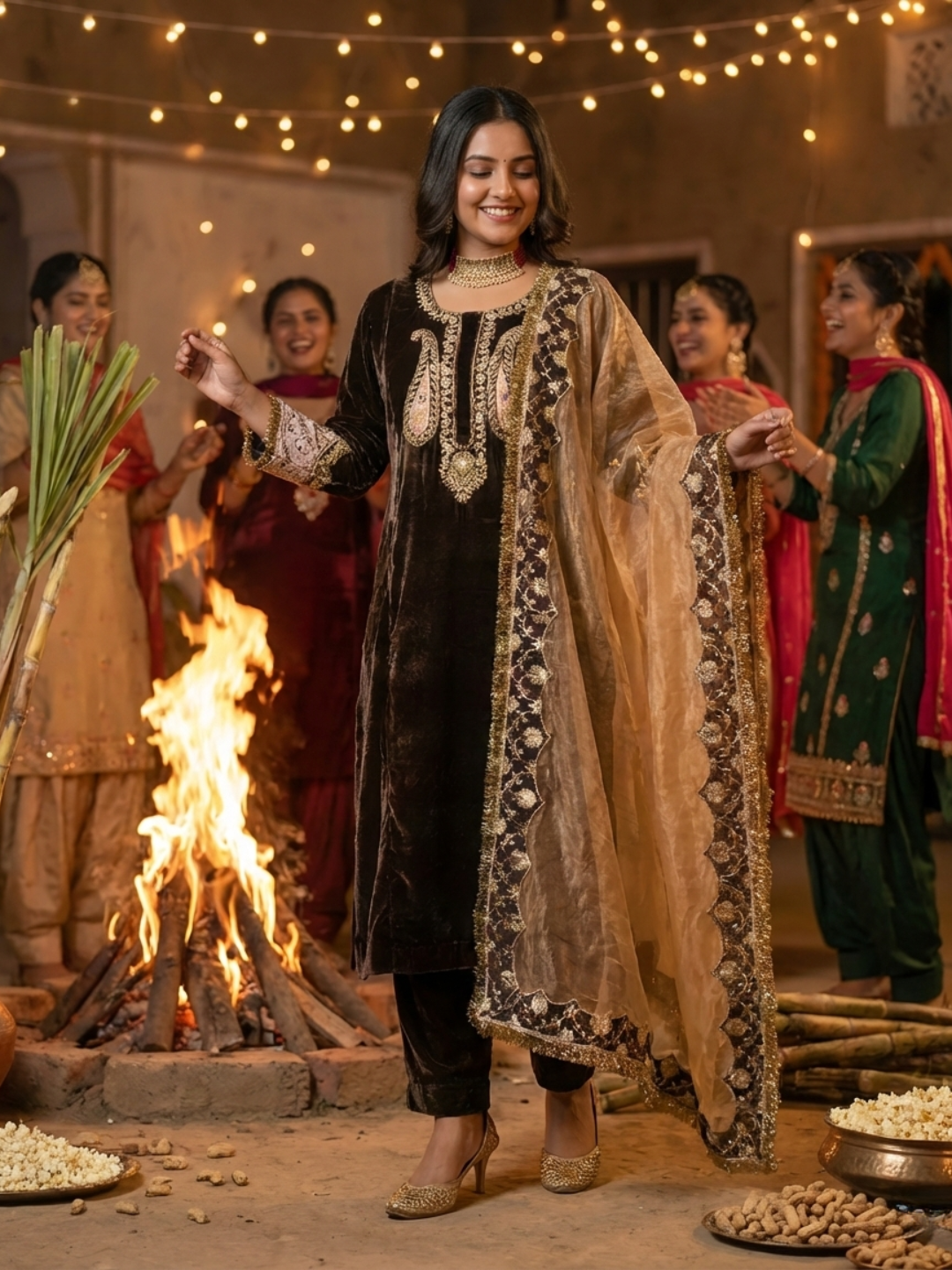 Brown velvet kurta set