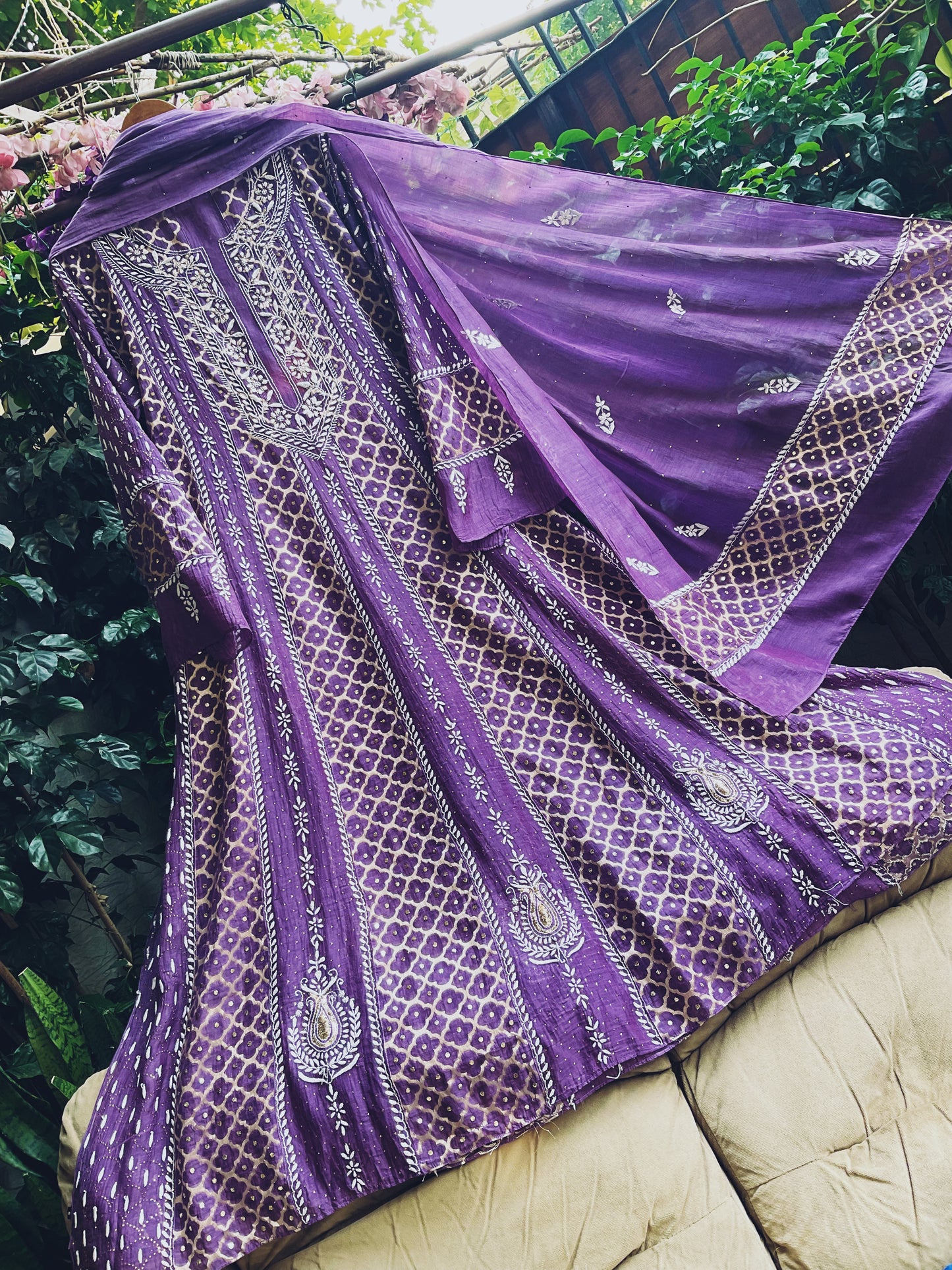 Pure Mulmul Anarkali Suit Set with Chikankari & Kamdani Work with Mukaish and Cutdana Embellishments (Set of 3) (Unstitched)