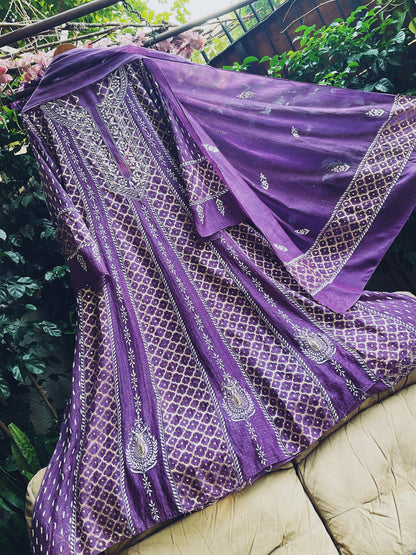 Pure Mulmul Anarkali Suit Set with Chikankari & Kamdani Work with Mukaish and Cutdana Embellishments (Set of 3) (Unstitched)