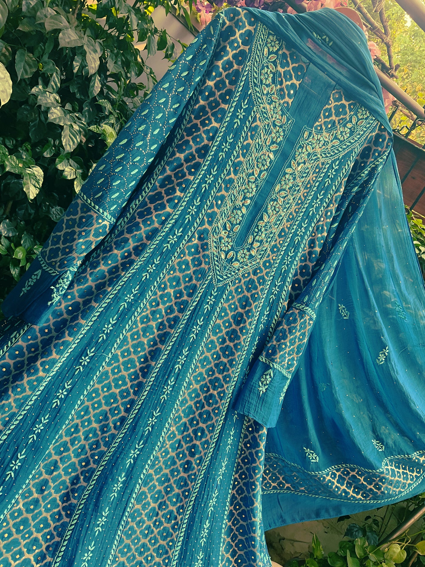 Pure Mulmul Anarkali Suit Set with Chikankari & Kamdani Work with Mukaish and Cutdana Embellishments (Set of 3) (Unstitched)