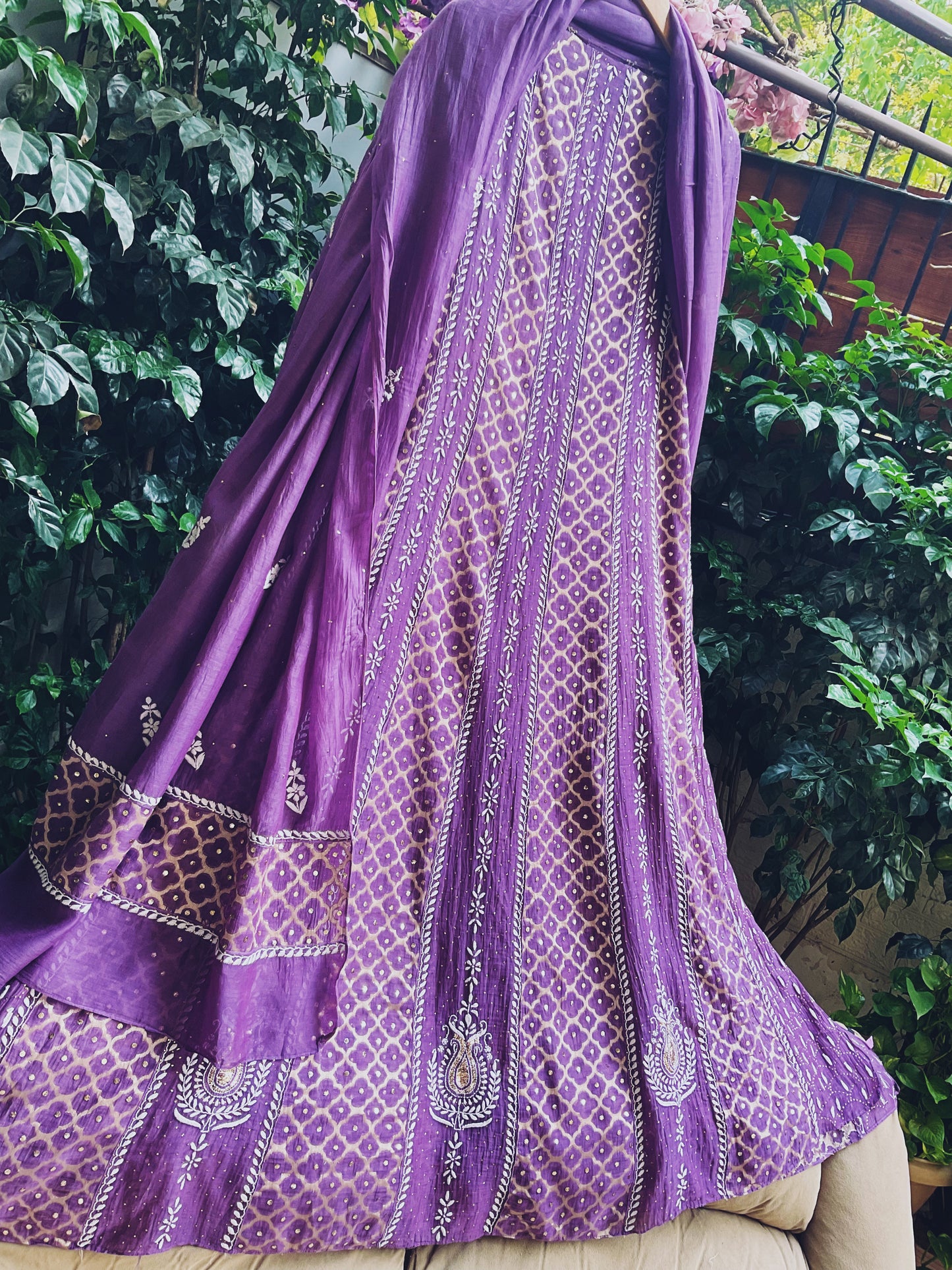 Pure Mulmul Anarkali Suit Set with Chikankari & Kamdani Work with Mukaish and Cutdana Embellishments (Set of 3) (Unstitched)
