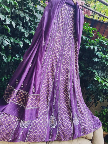 Pure Mulmul Anarkali Suit Set with Chikankari & Kamdani Work with Mukaish and Cutdana Embellishments (Set of 3) (Unstitched)