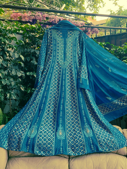 Pure Mulmul Anarkali Suit Set with Chikankari & Kamdani Work with Mukaish and Cutdana Embellishments (Set of 3) (Unstitched)