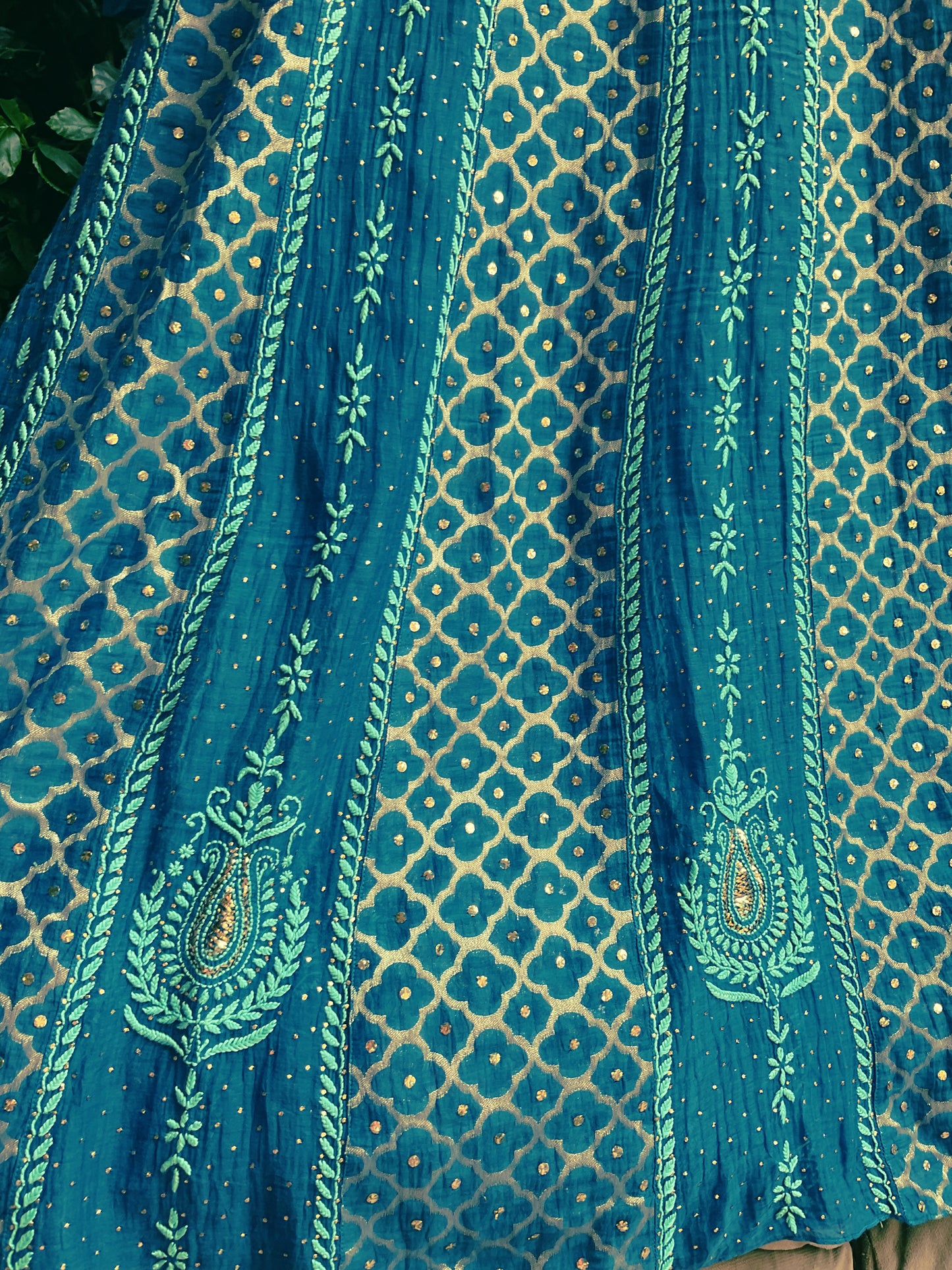 Pure Mulmul Anarkali Suit Set with Chikankari & Kamdani Work with Mukaish and Cutdana Embellishments (Set of 3) (Unstitched)