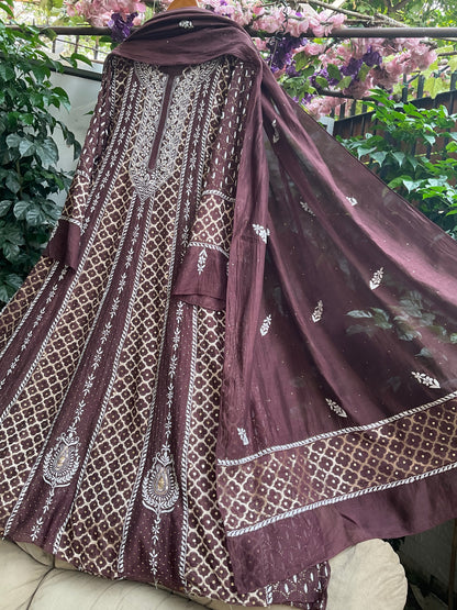 Pure Mulmul Anarkali Suit Set with Chikankari & Kamdani Work with Mukaish and Cutdana Embellishments (Set of 3) (Unstitched)