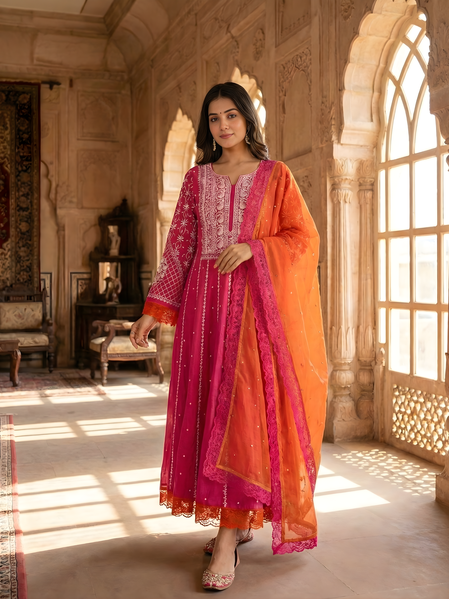 Elegant Mulmul Chikankari Anarkali Set